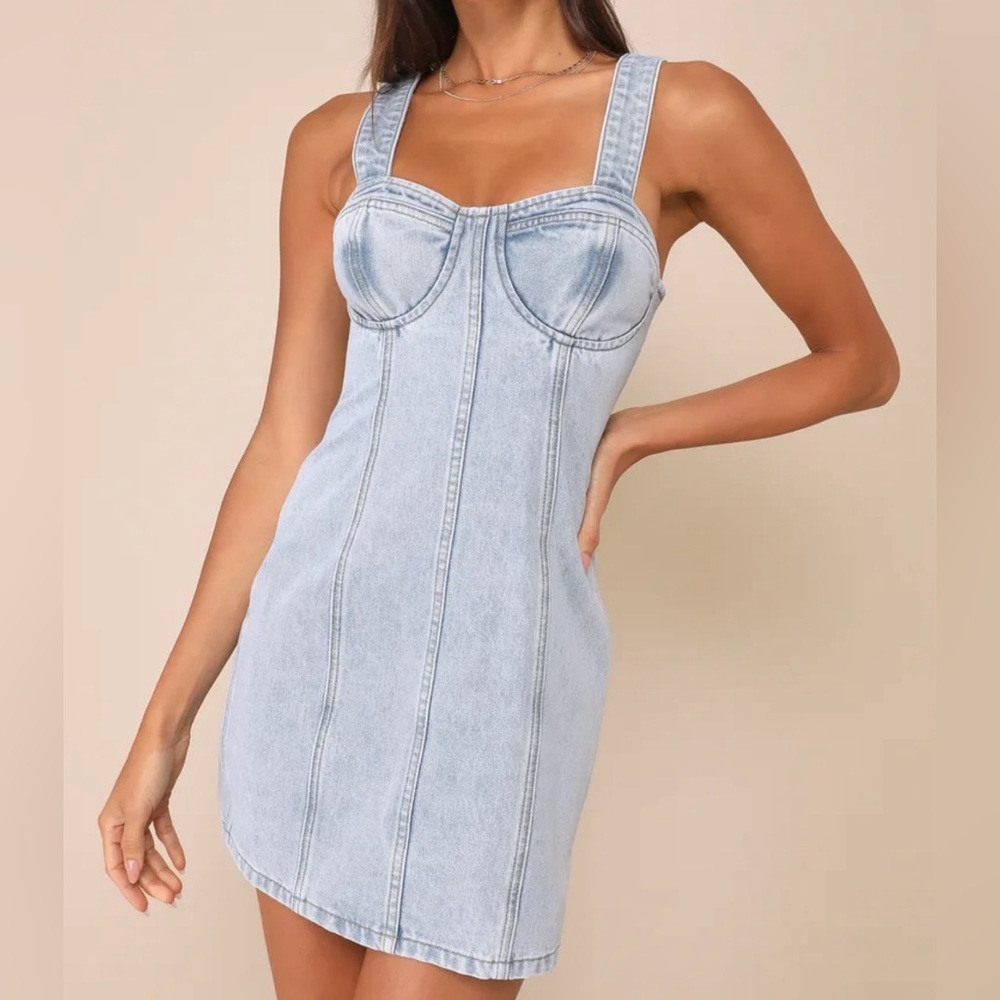 Lulu Stylish Daze Light Wash Denim Sleeveless Bustier Mini Dress Sz Large NWT
